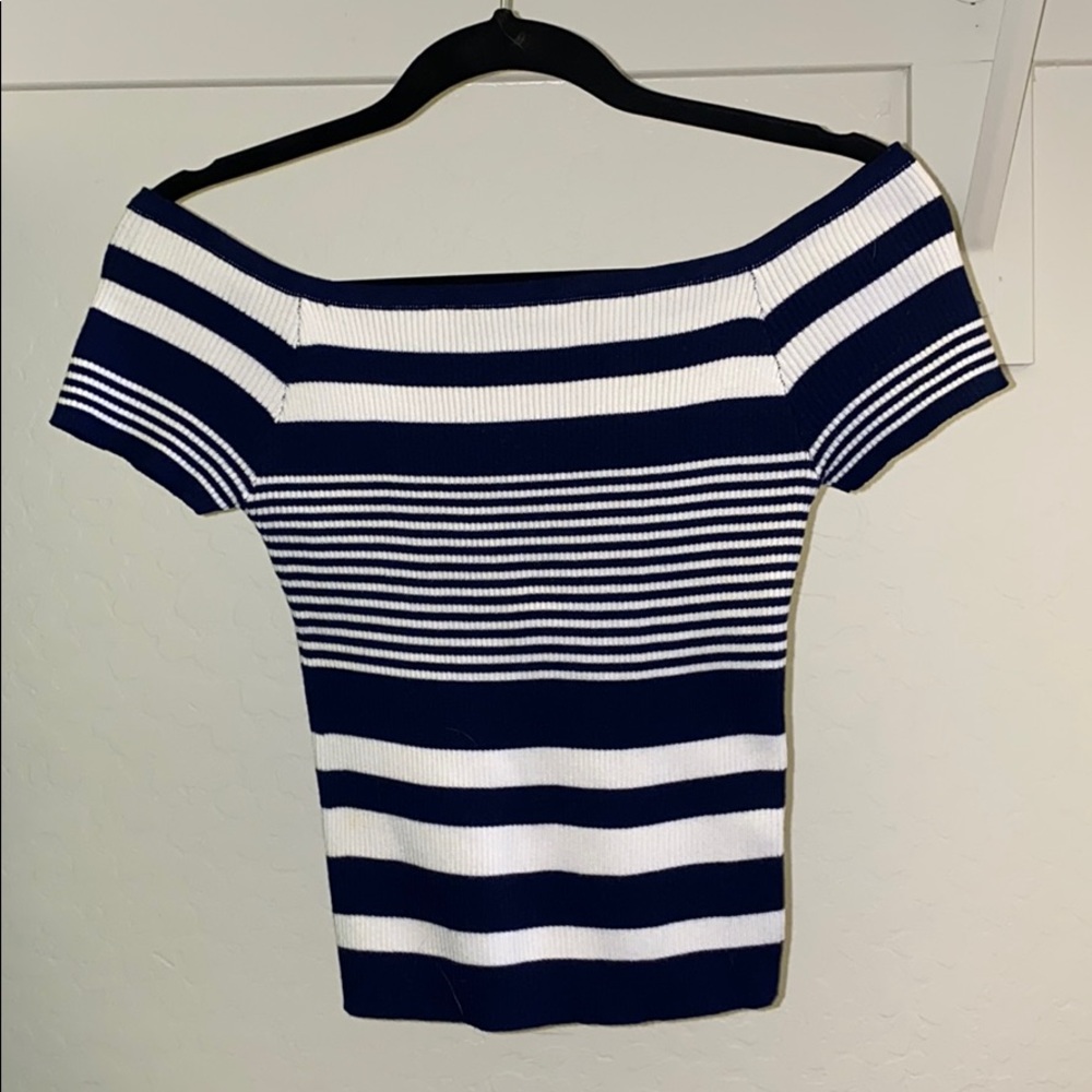 Off the shoulder, navy blue and white top.